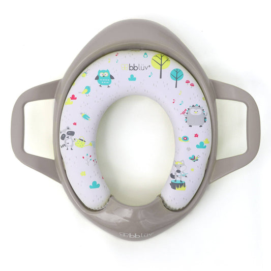 Baby toilet seat with cartoon designs on a white background