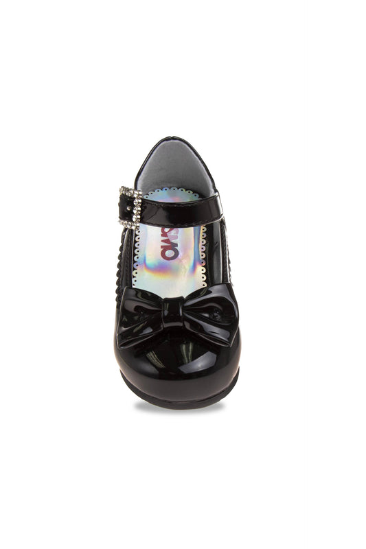 Black shoe with a bow and colorful insole on a white background