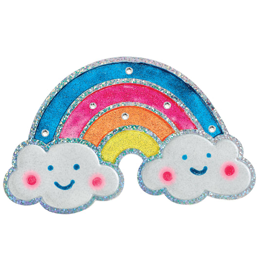 Colorful rainbow and cloud design with smiling faces on a white background