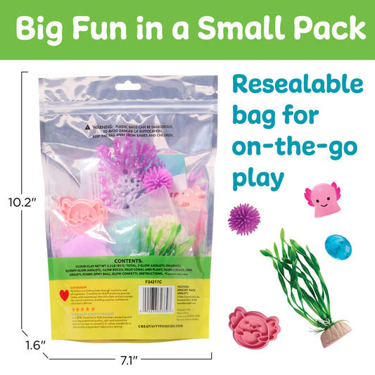 Packaged toy set with resellable bag, including sea creatures and plants, on a white background.