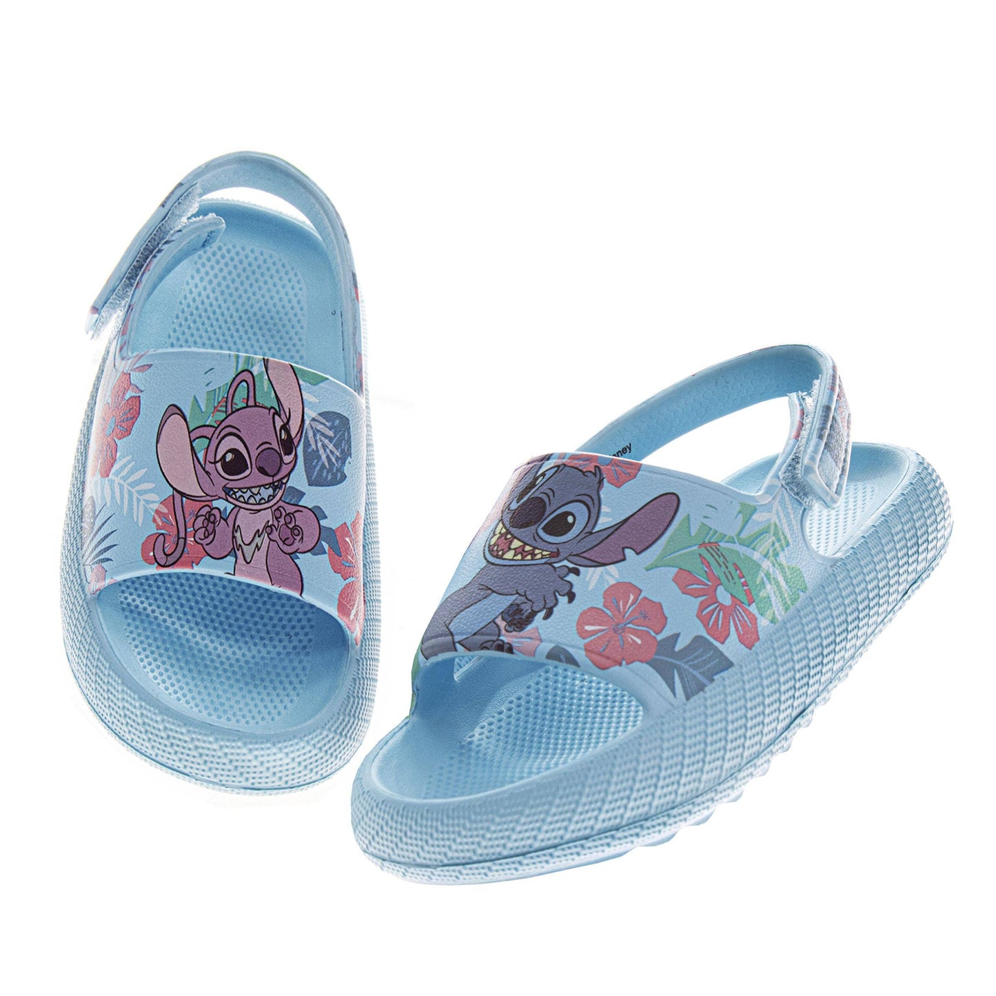 Pair of blue children's sandals with cartoon character design on a white background 1