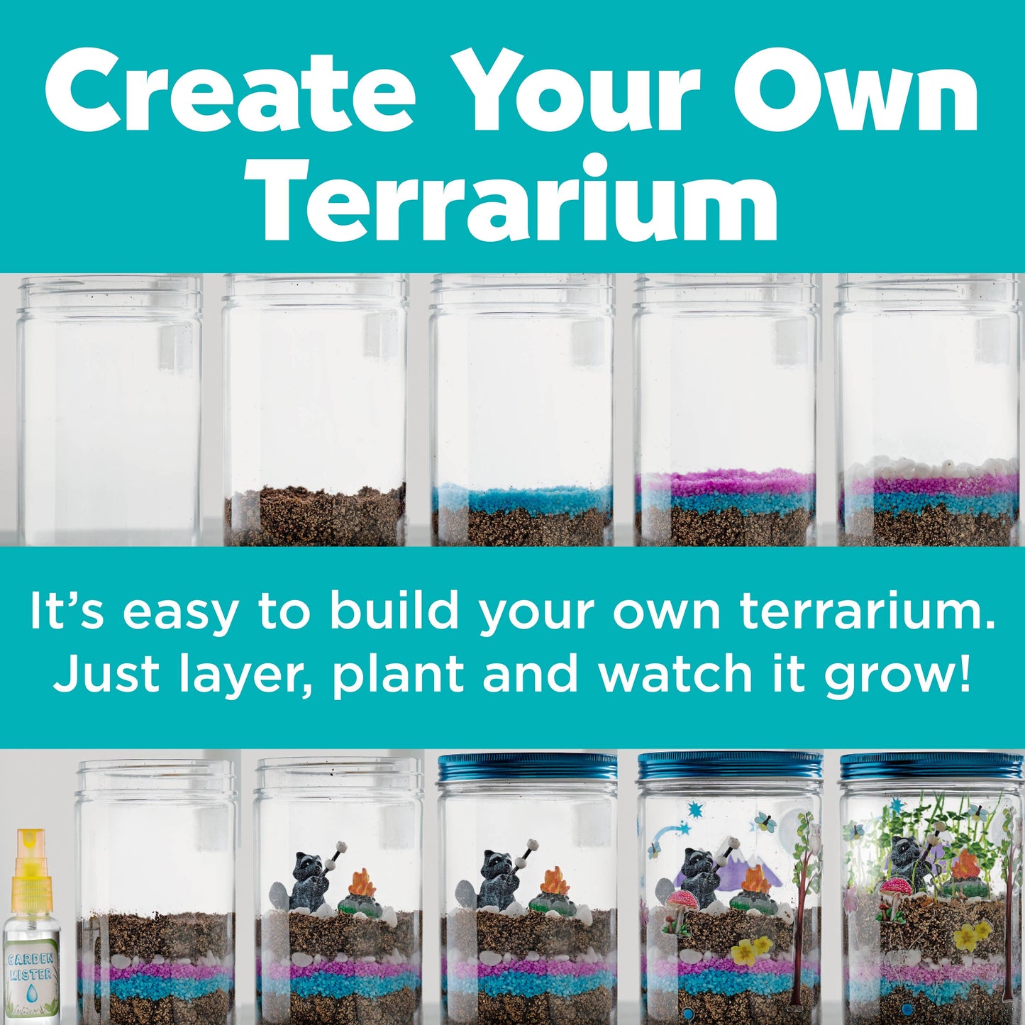 Terrarium kit with text 'Create Your Own Terrarium' and instructions on building a terrarium.