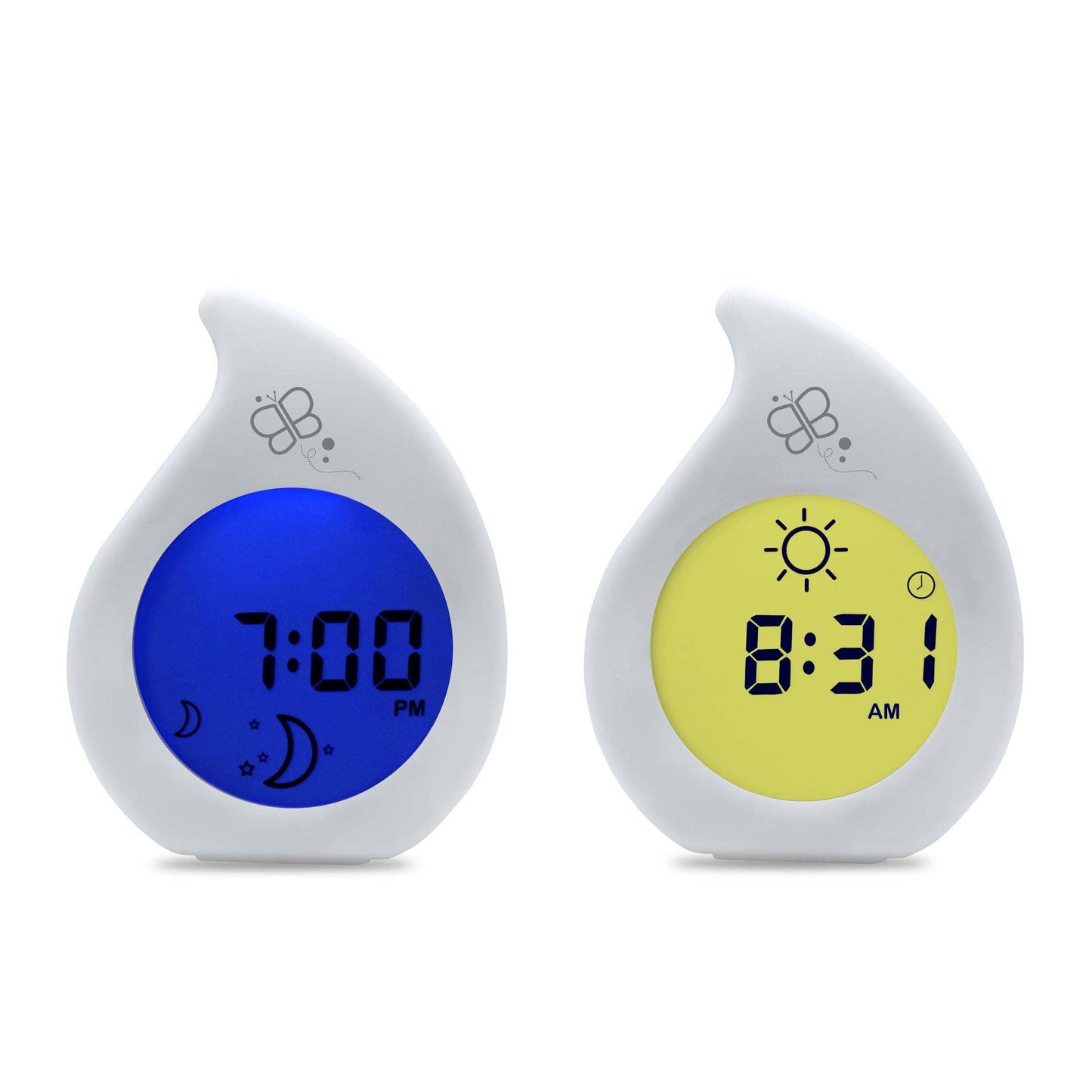 Two digital clocks with blue and yellow displays on a white background