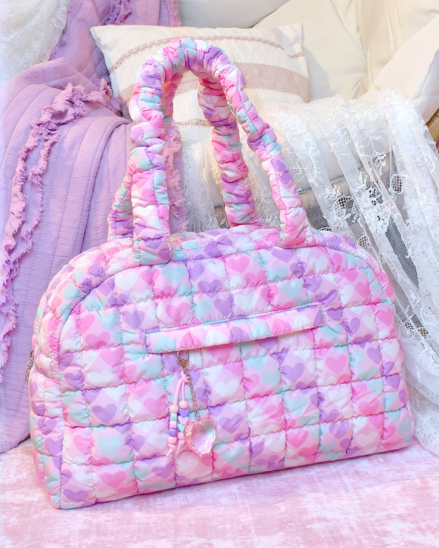 OMG Accessories - Quilted Scrunchies Heart Printed Medium Duffle Bag