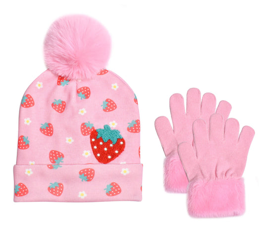 OMG Accessories - Strawberry Printed Hat & Glove Set
