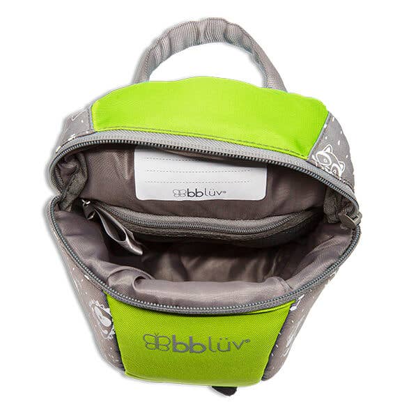 Backpack with green and gray design, featuring the bblüv brand on a white background.
