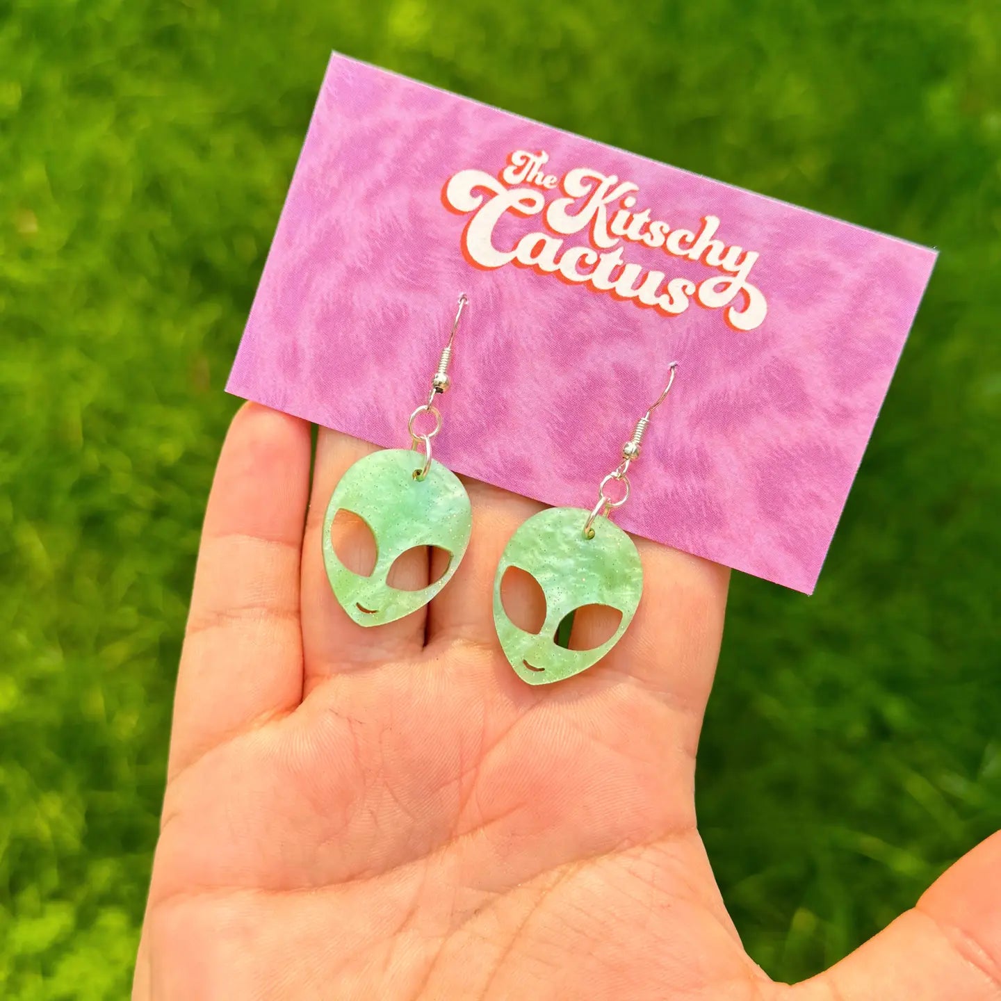 The Kitschy Cactus - Life on Mars (mini) - Green Alien Earrings