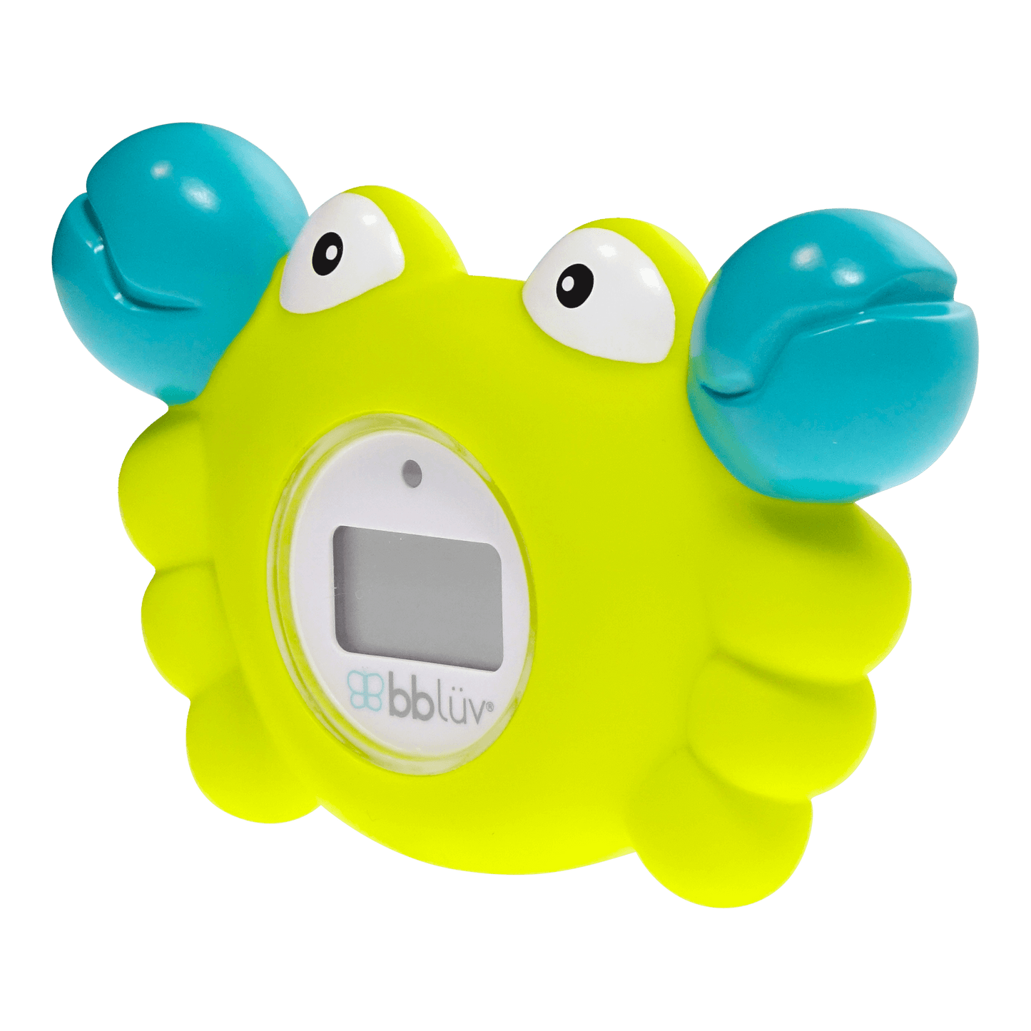 Yellow bath thermometer with blue claws on a black background