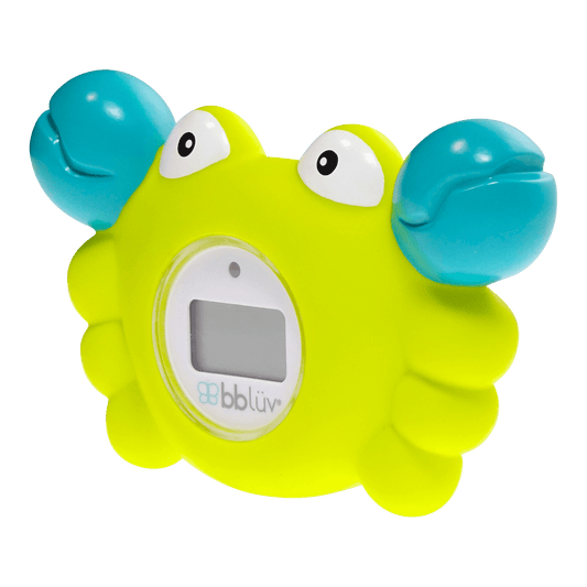 Yellow bath thermometer with blue claws on a black background