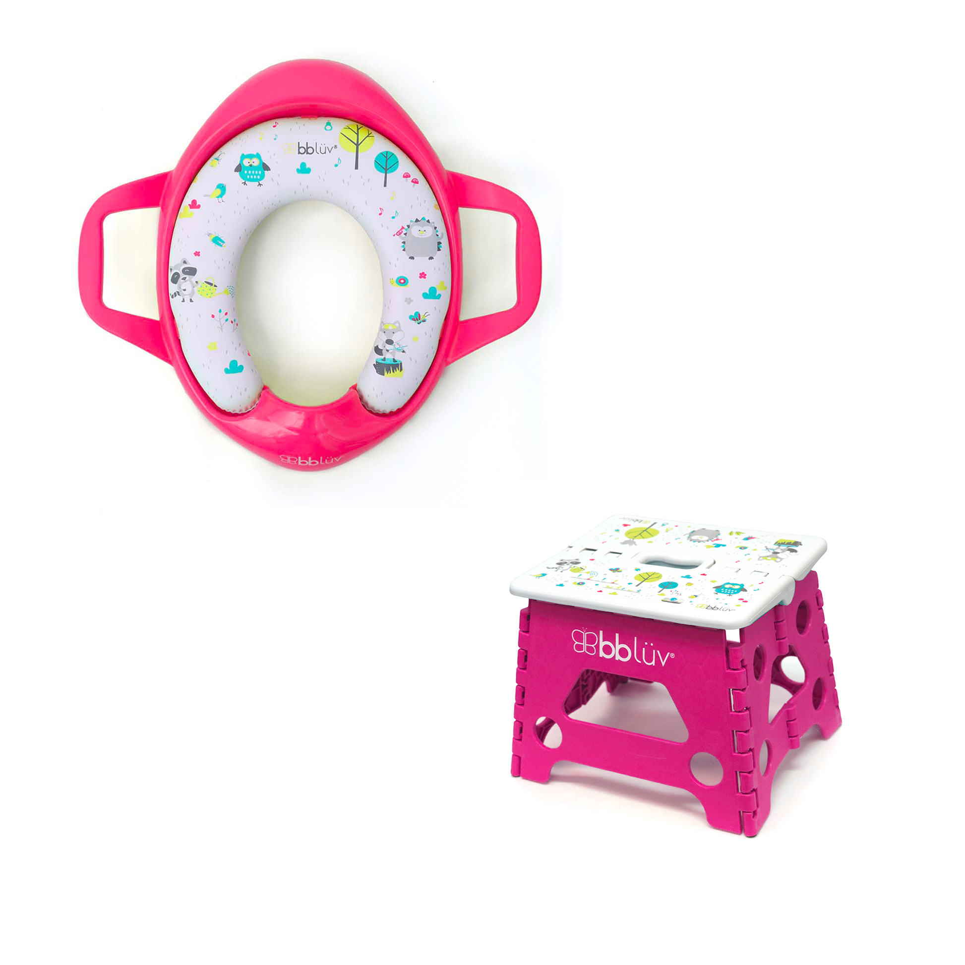 Pink potty training seat with white cushion and matching step stool on a white background