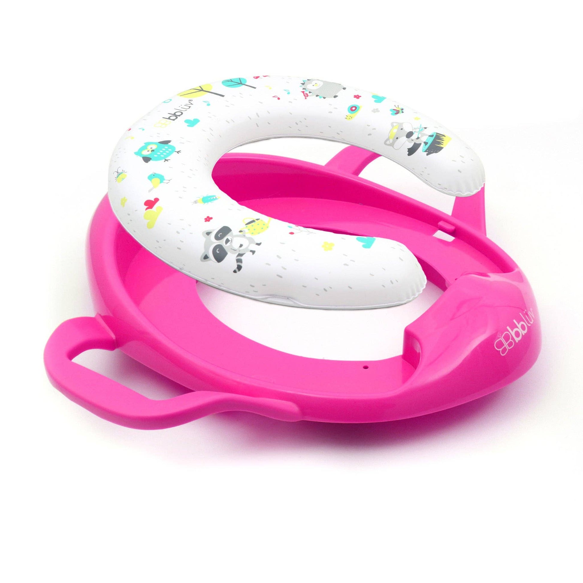 Pink and white baby toilet seat with cartoon design on a white background