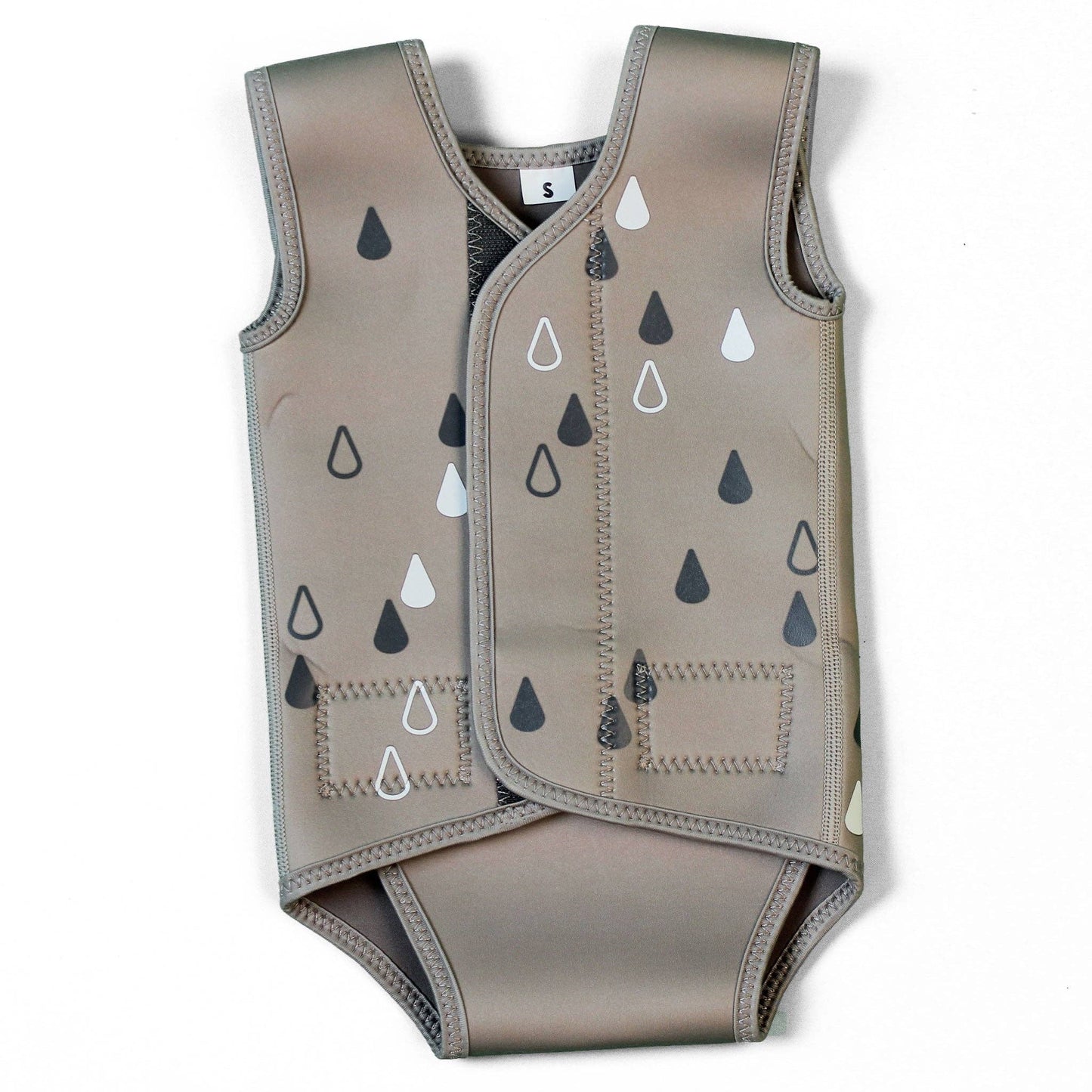 Grey baby romper with raindrop pattern on a white background