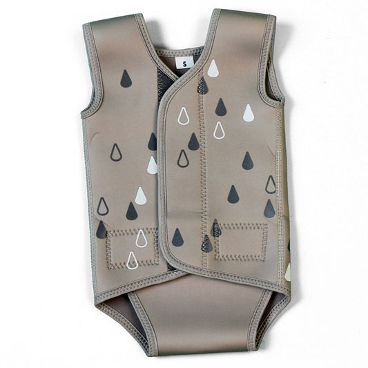 Grey baby romper with raindrop pattern on a white background
