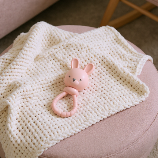 Pink bunny-shaped rattle on a white knitted blanket