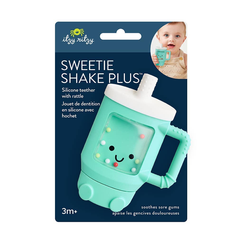Package of Itzy Ritzy Sweetie Shake Plus silicone teether with a baby image on the top right corner.