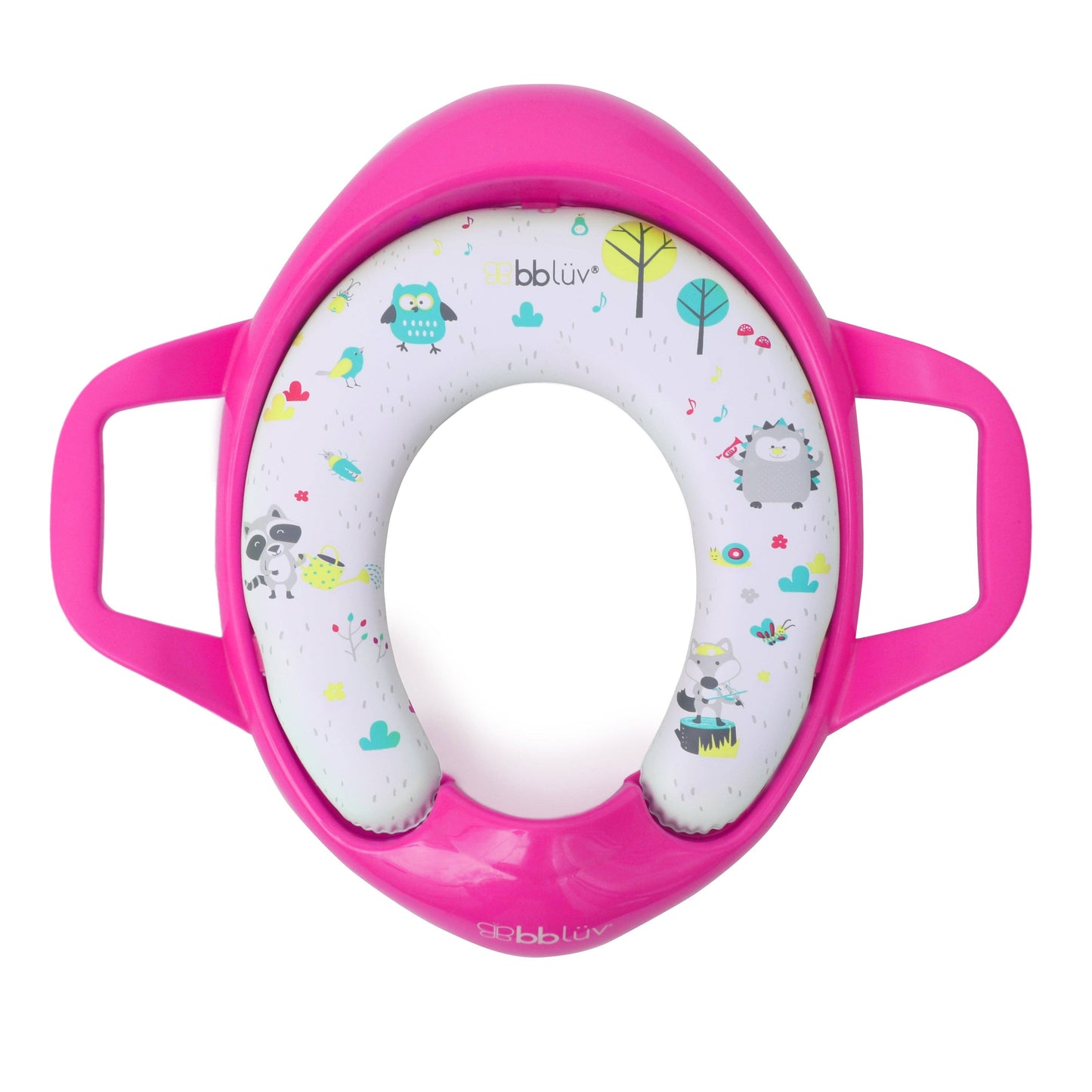 Pink children's potty seat with cartoon design on a white background