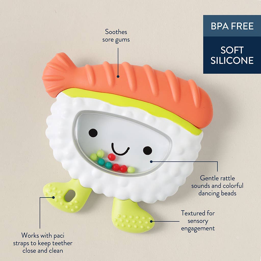 Teething toy shaped like a sushi with text describing its features on a beige background