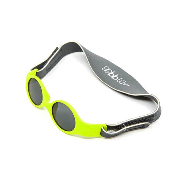 Neon green sunglasses with a black strap on a white background