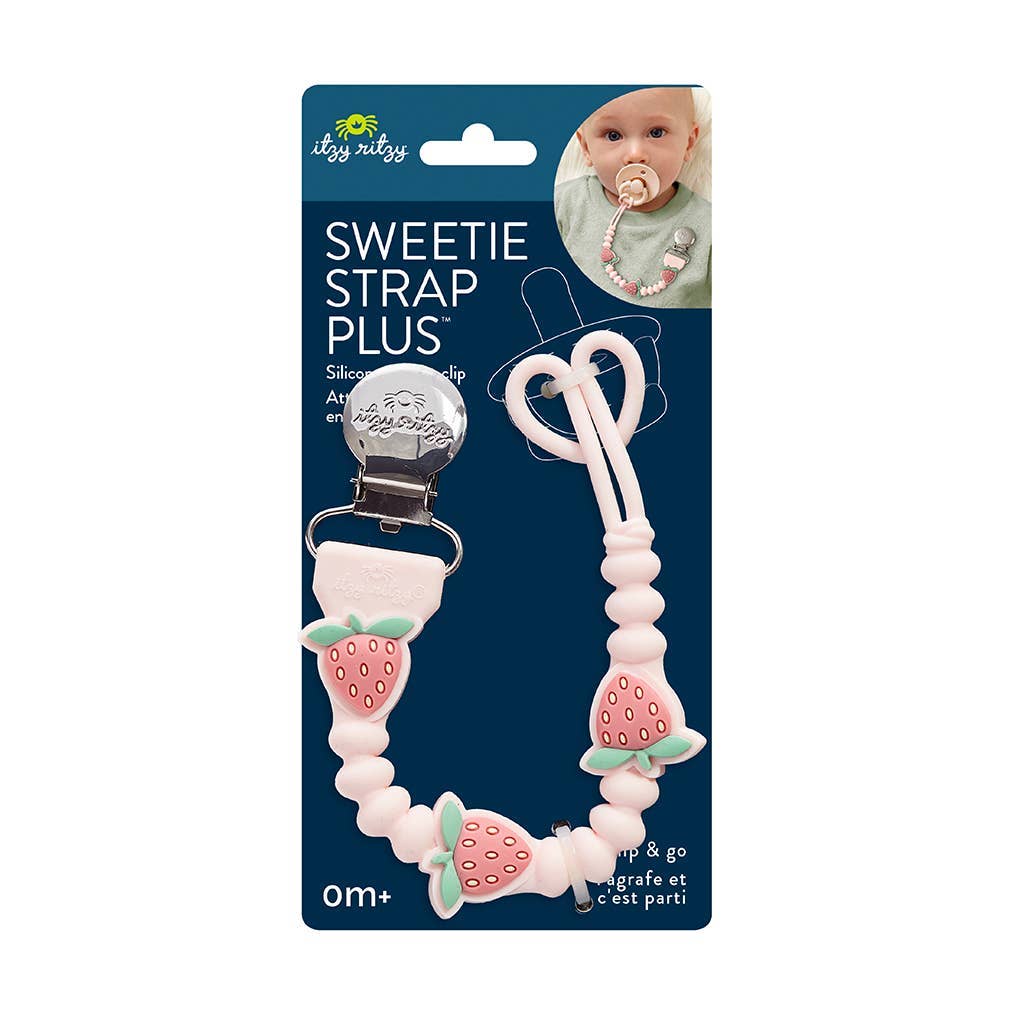 Sweetie Strap Plus pacifier clip with strawberry design on packaging