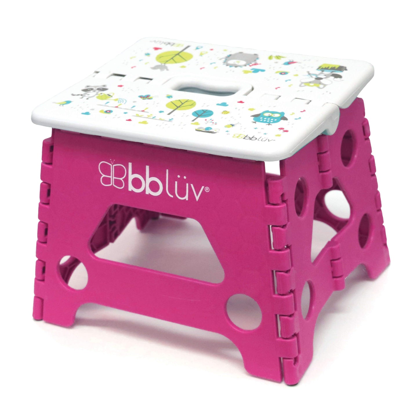 Pink and white step stool with cartoon design on a white background