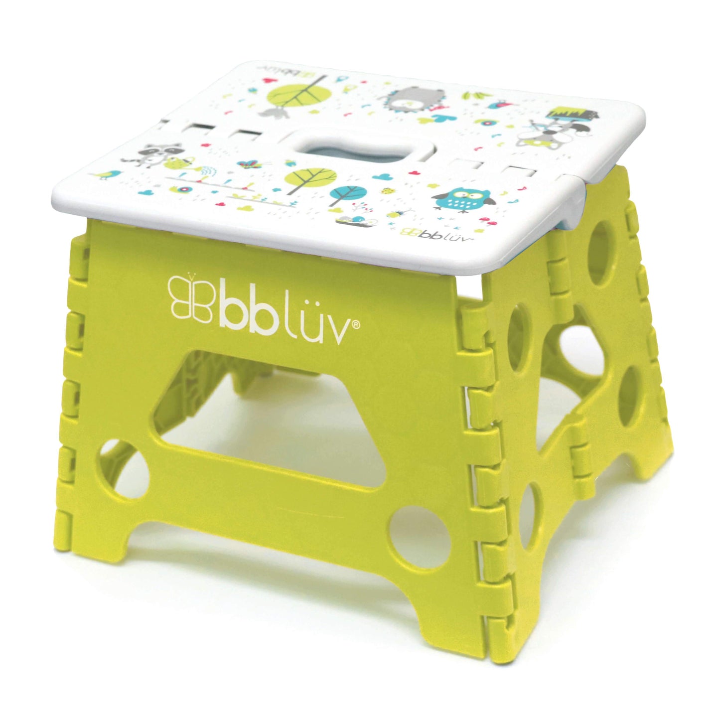 Yellow step stool with a colorful top on a white background