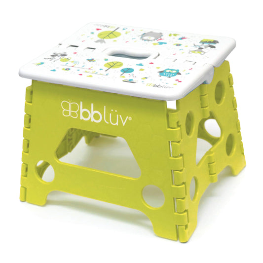 Yellow step stool with a colorful top on a white background