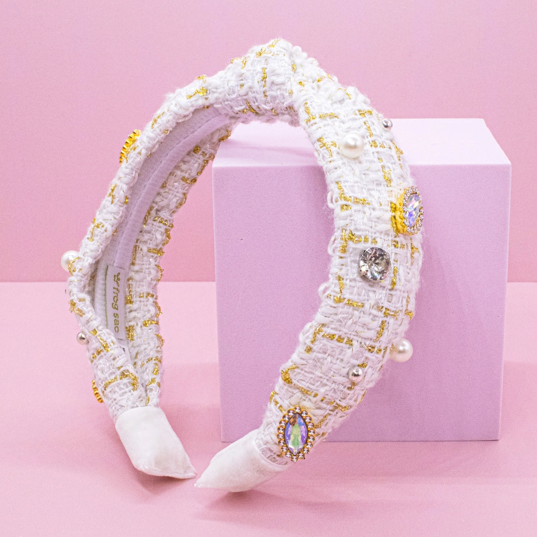 Frog Sac - Embellished Knot Headband - Tweed Rhinestone Pearl