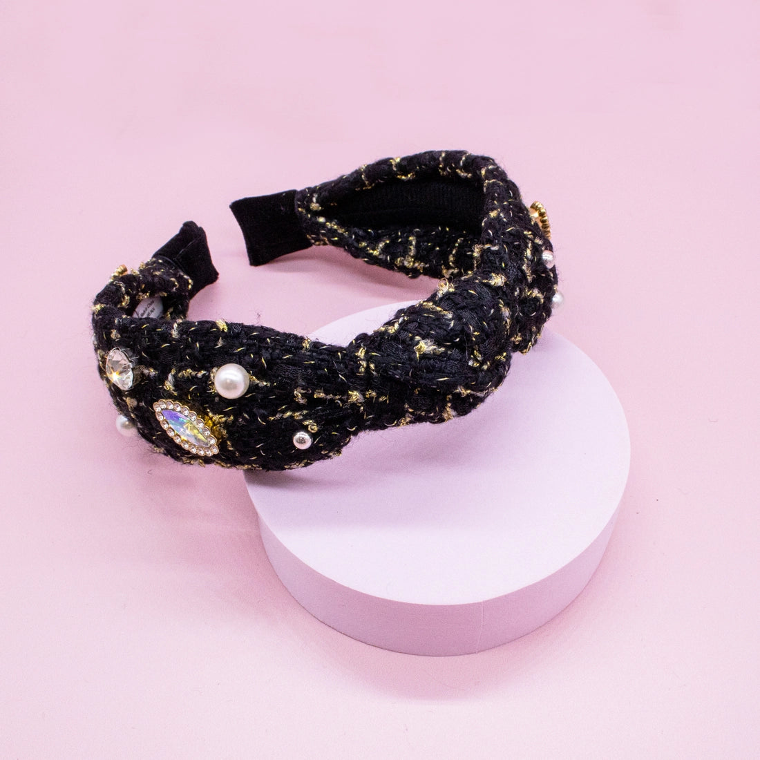 Frog Sac - Embellished Knot Headband - Tweed Rhinestone Pearl