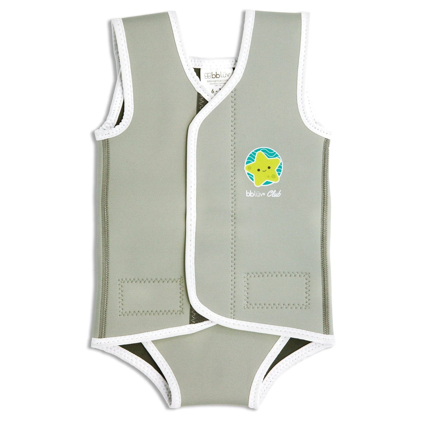 Children's light gray swimsuit with a starfish design on a white background