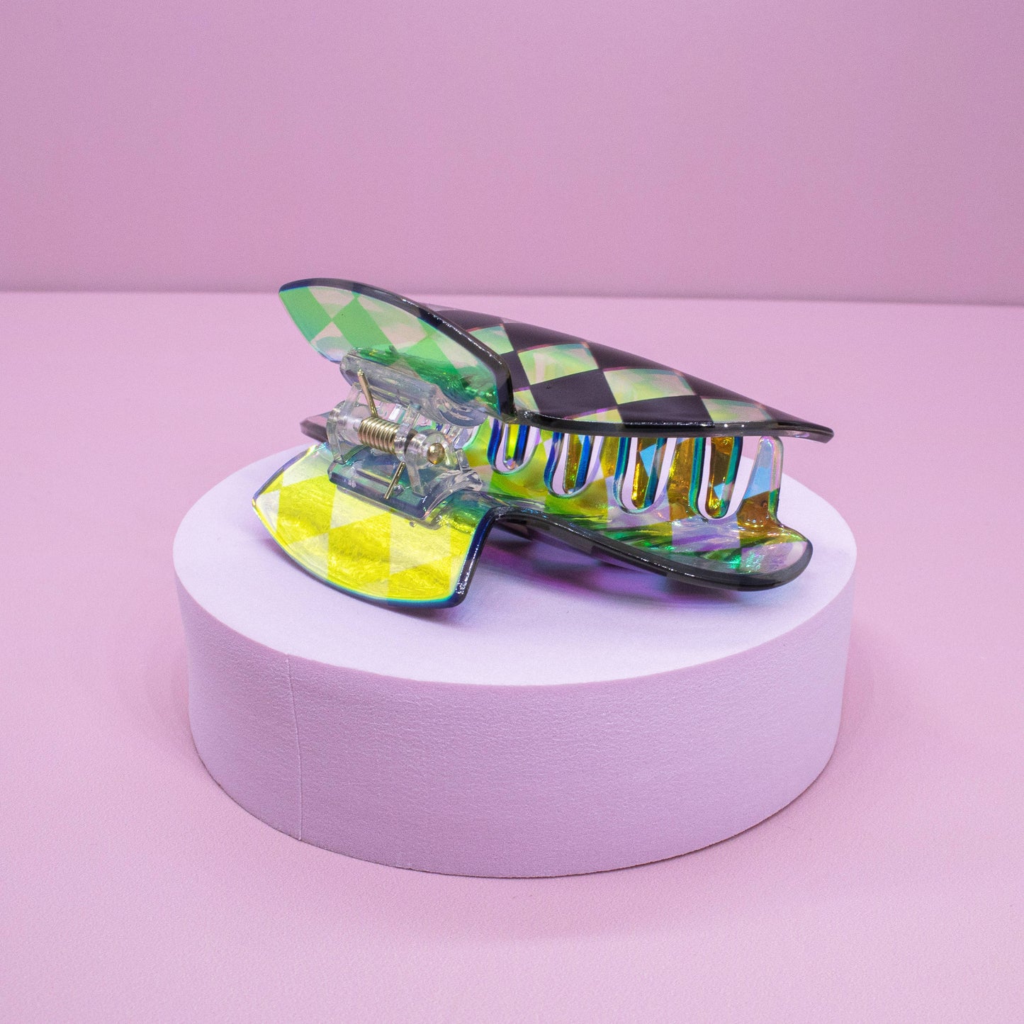 Frog Sac - Medium Round Iridescent Checkered Hair Claw Clip