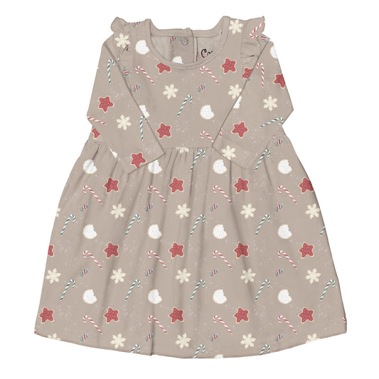 Coccoli Modal Long Sleeve Ruffle Dress -Sweet Treats on Oat - 3Y