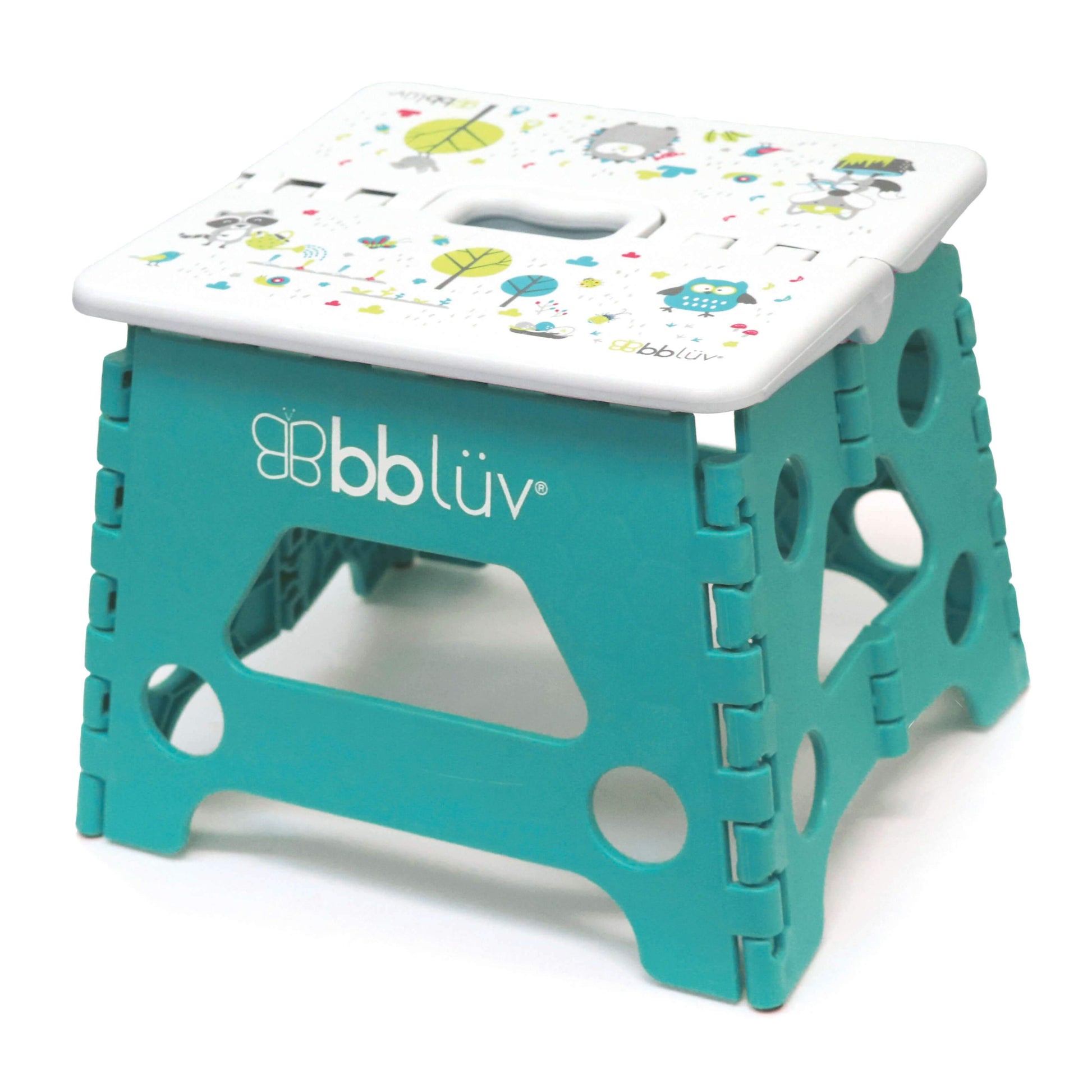 Teal and white step stool with colorful design on a white background