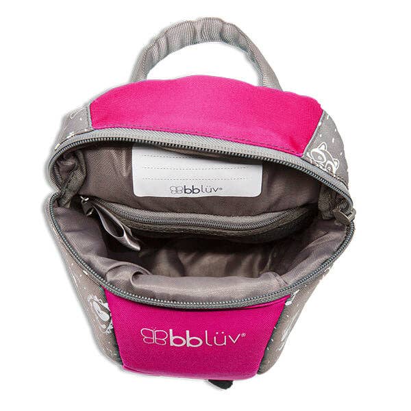 Pink and gray backpack with 'bbluv' branding on a white background