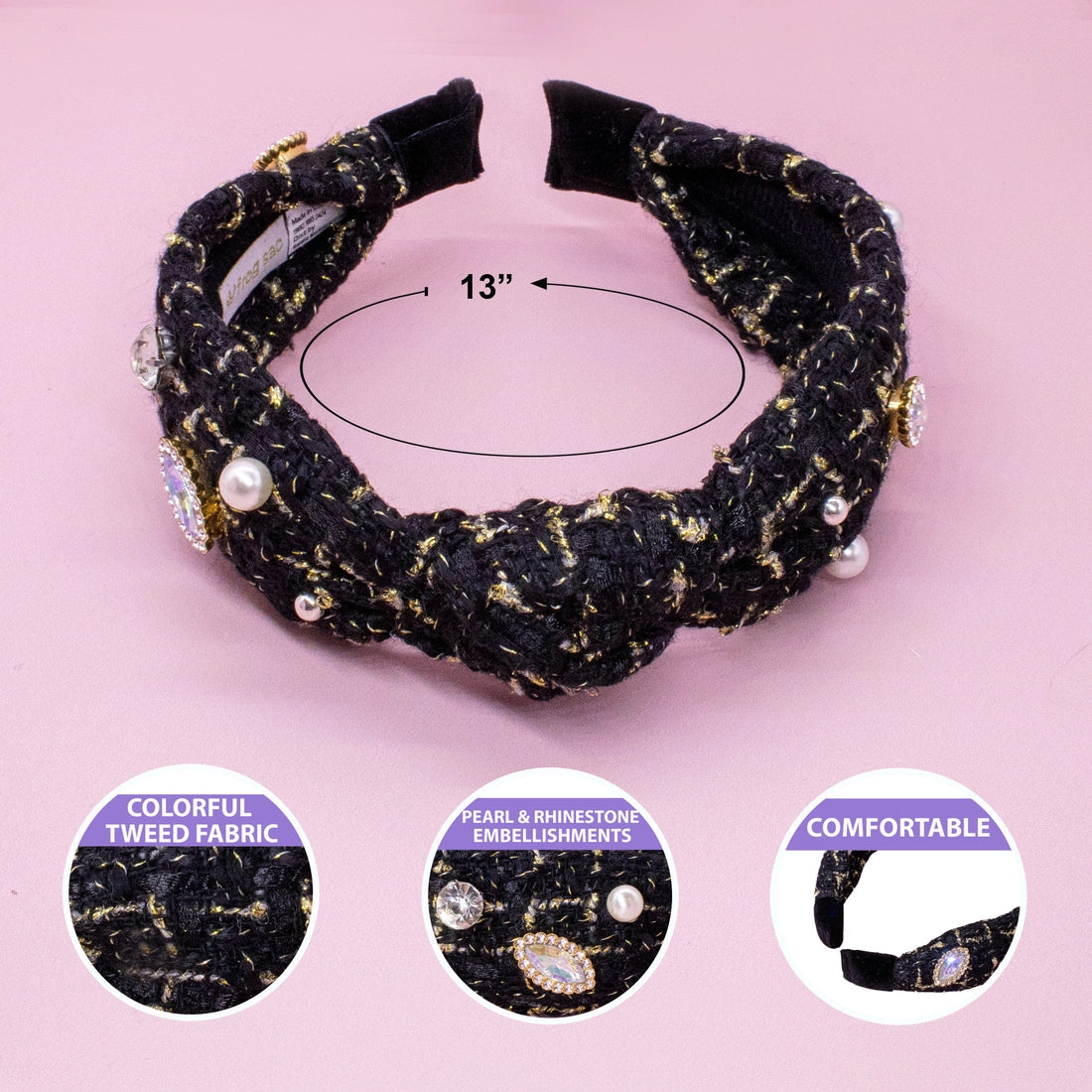 Frog Sac - Embellished Knot Headband - Tweed Rhinestone Pearl