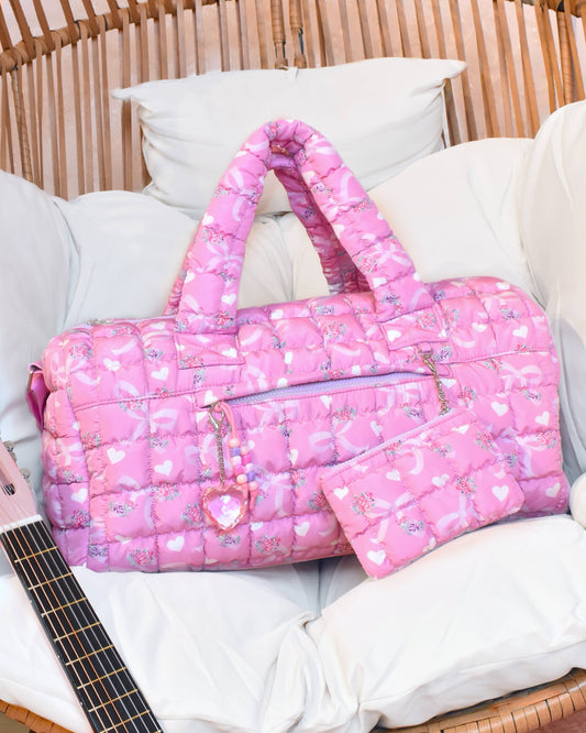 OMG Accessories - Quilted Scrunchies Floral Bow Printed Duffle Bag