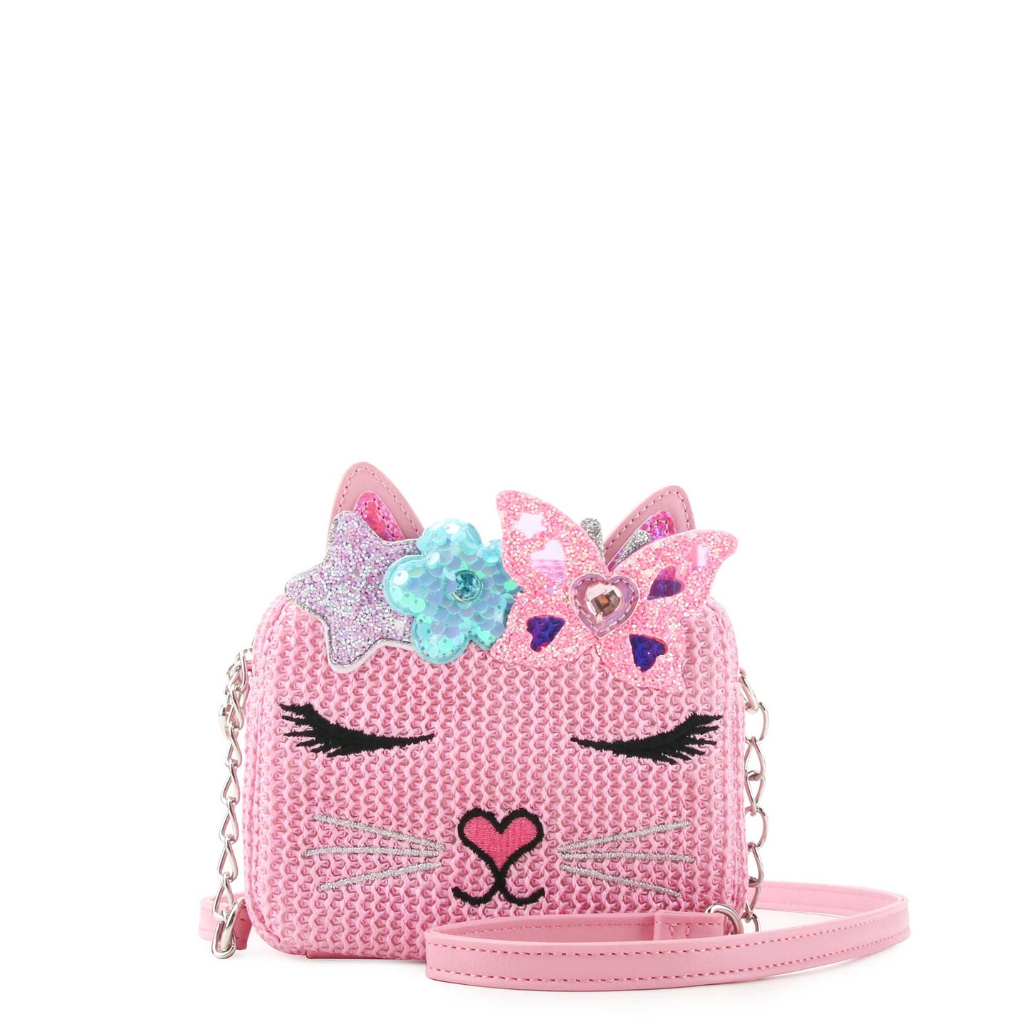 OMG Accessories - Miss Bella Kitty Cat Pink Straw Crossbody Bag