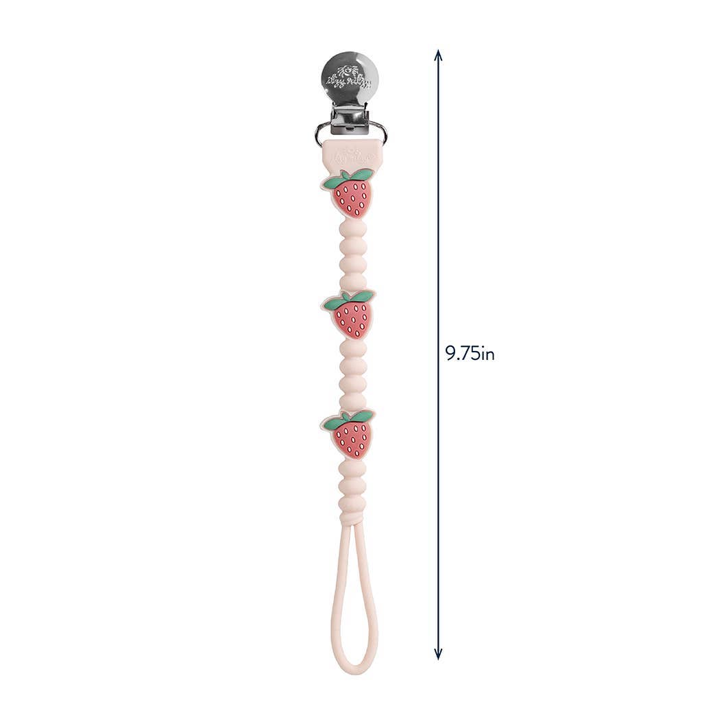 Pacifier clip with strawberry design and measurement label on a white background