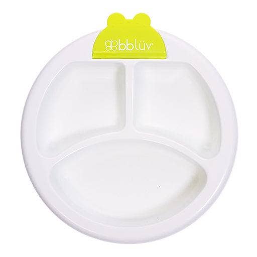 White divided plate with a green 'bbluv' label on a white background
