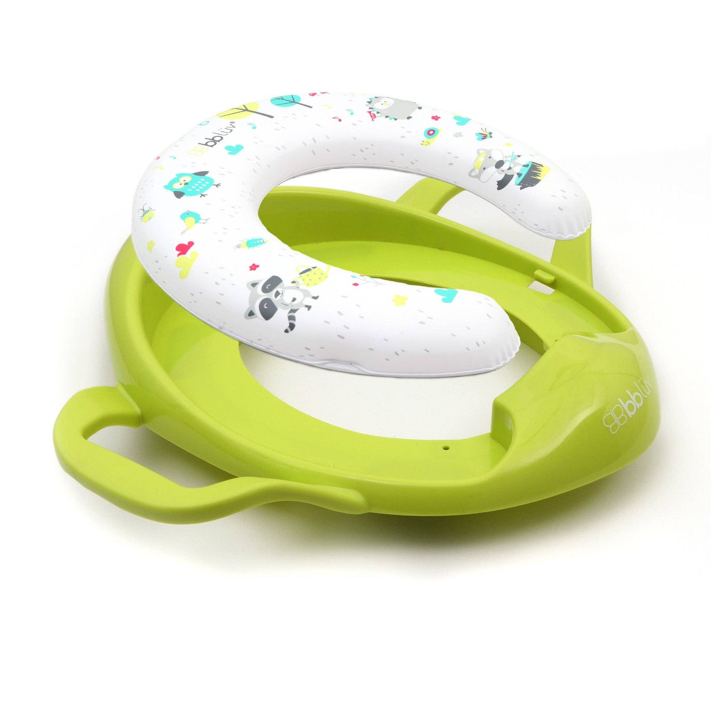 Green and white baby toilet seat with cartoon designs on a white background