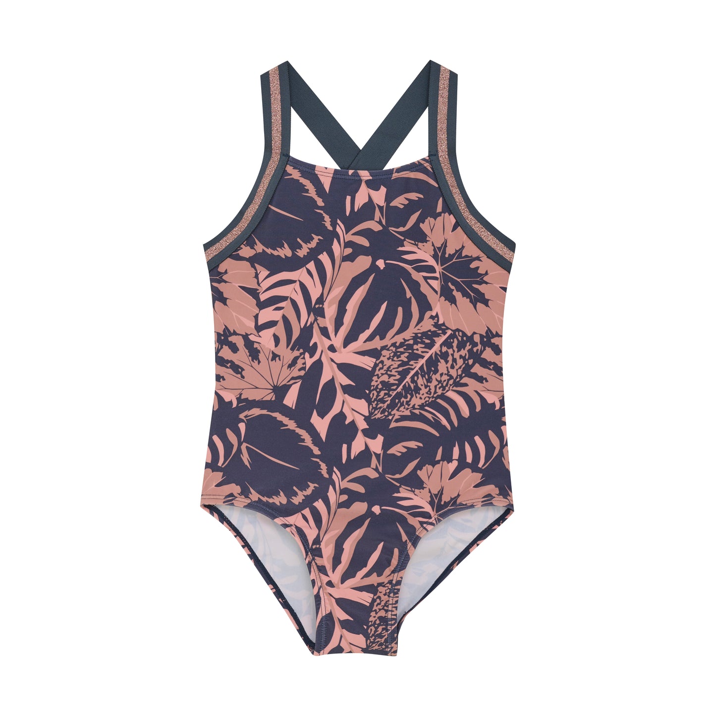Color Kids 1 pc Swimsuit Blue Rose Gold Sparkle Palm Leaves - 6Y