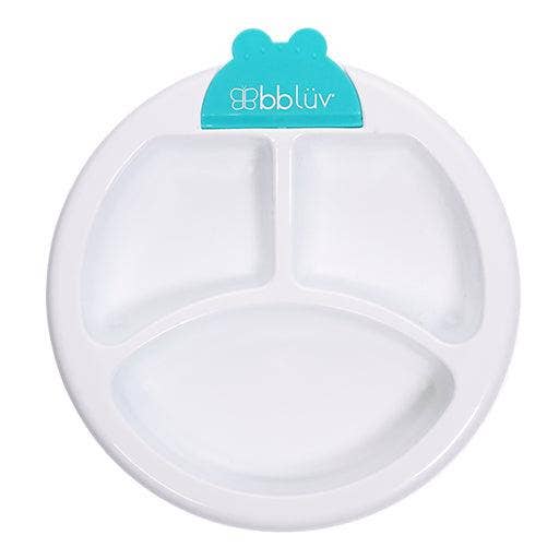 White divided plate with a blue 'bbluv' label on a white background