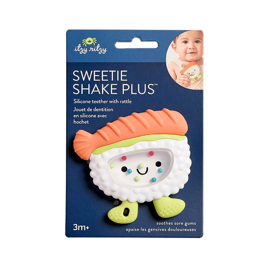 Package of Itzy Ritzy Sweetie Shake Plus silicone teether with rattle on a white background