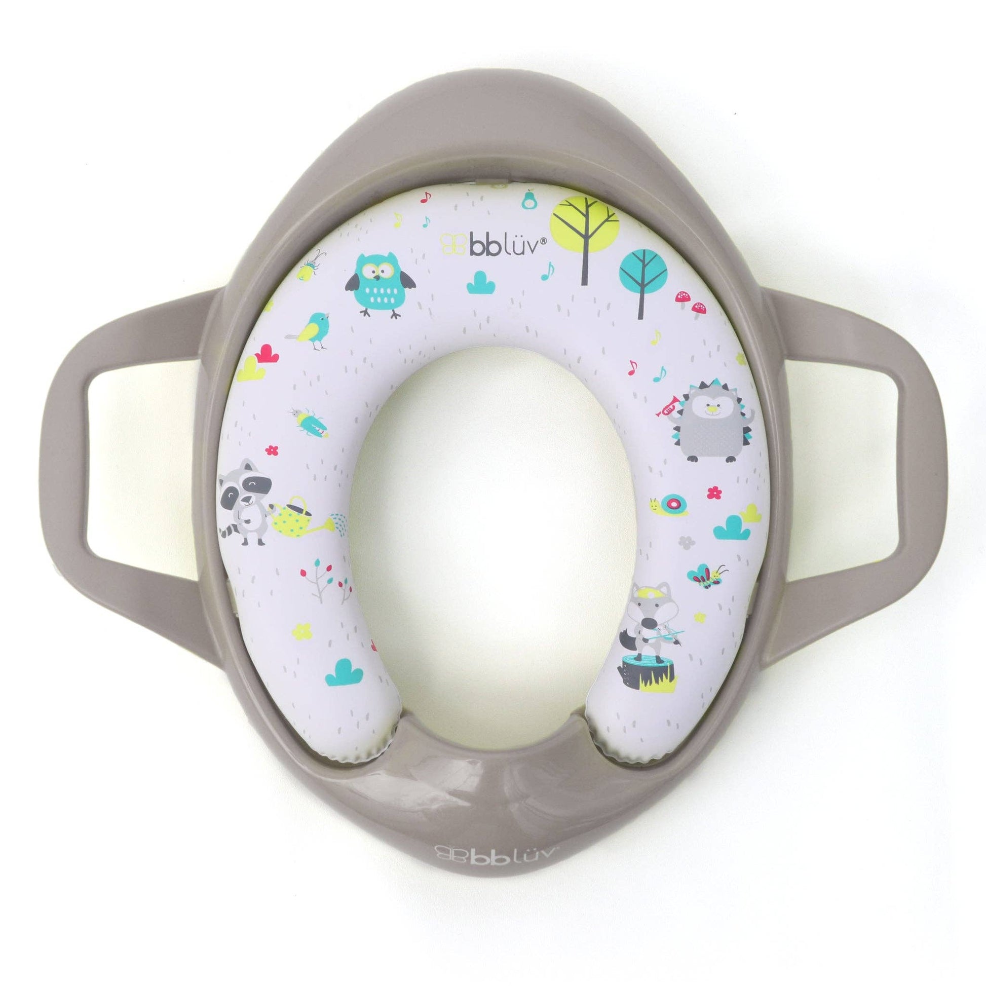 Baby toilet seat with cartoon designs on a white background