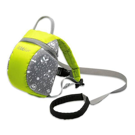 Green backpack with gray pattern and leash on a white background