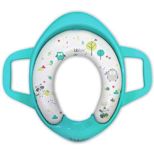 Children's potty seat with cartoon designs on a white background