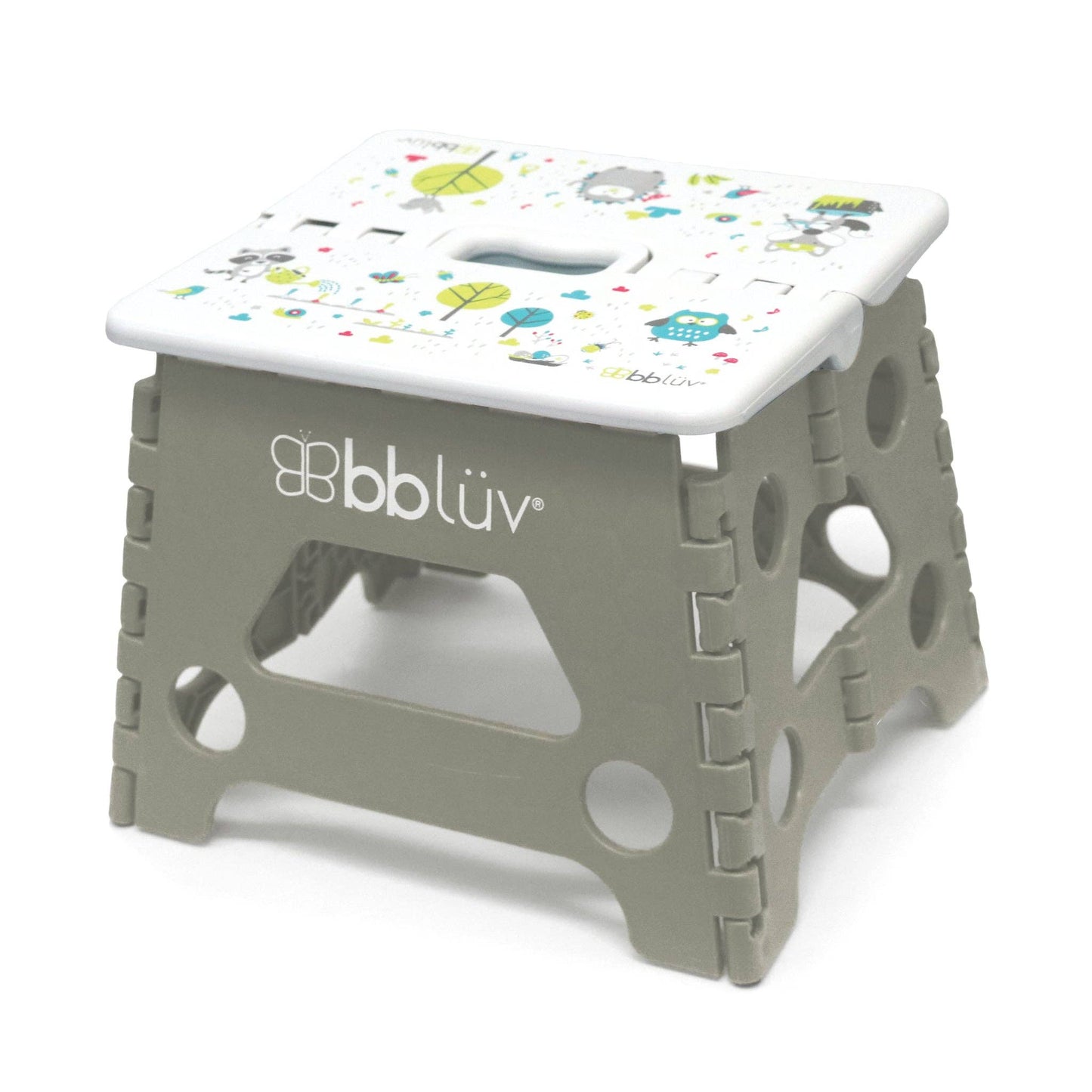 Foldable stool with a colorful top and brand logo on a white background