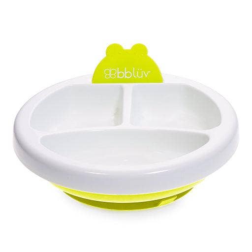 White and green divided plate with 'bbluv' branding on a white background