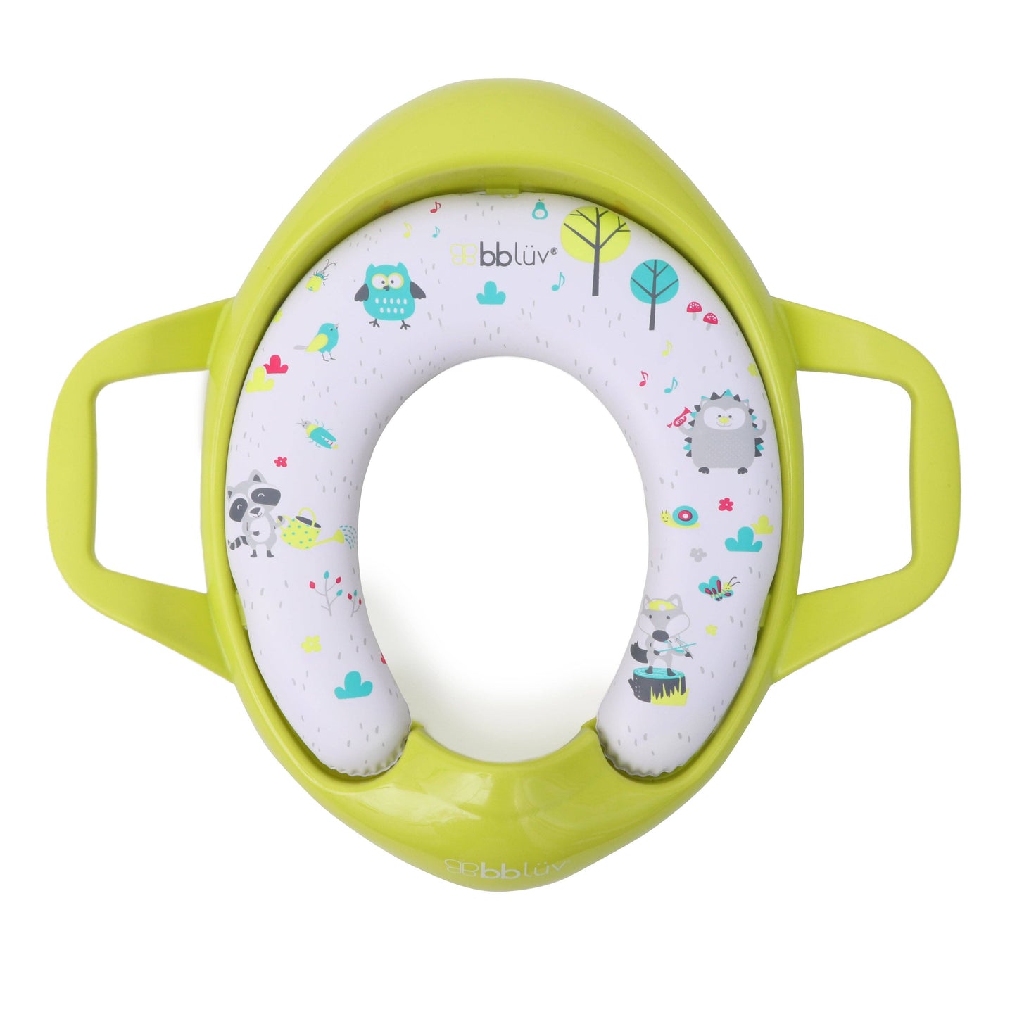 Green potty seat with cartoon design on a white background
