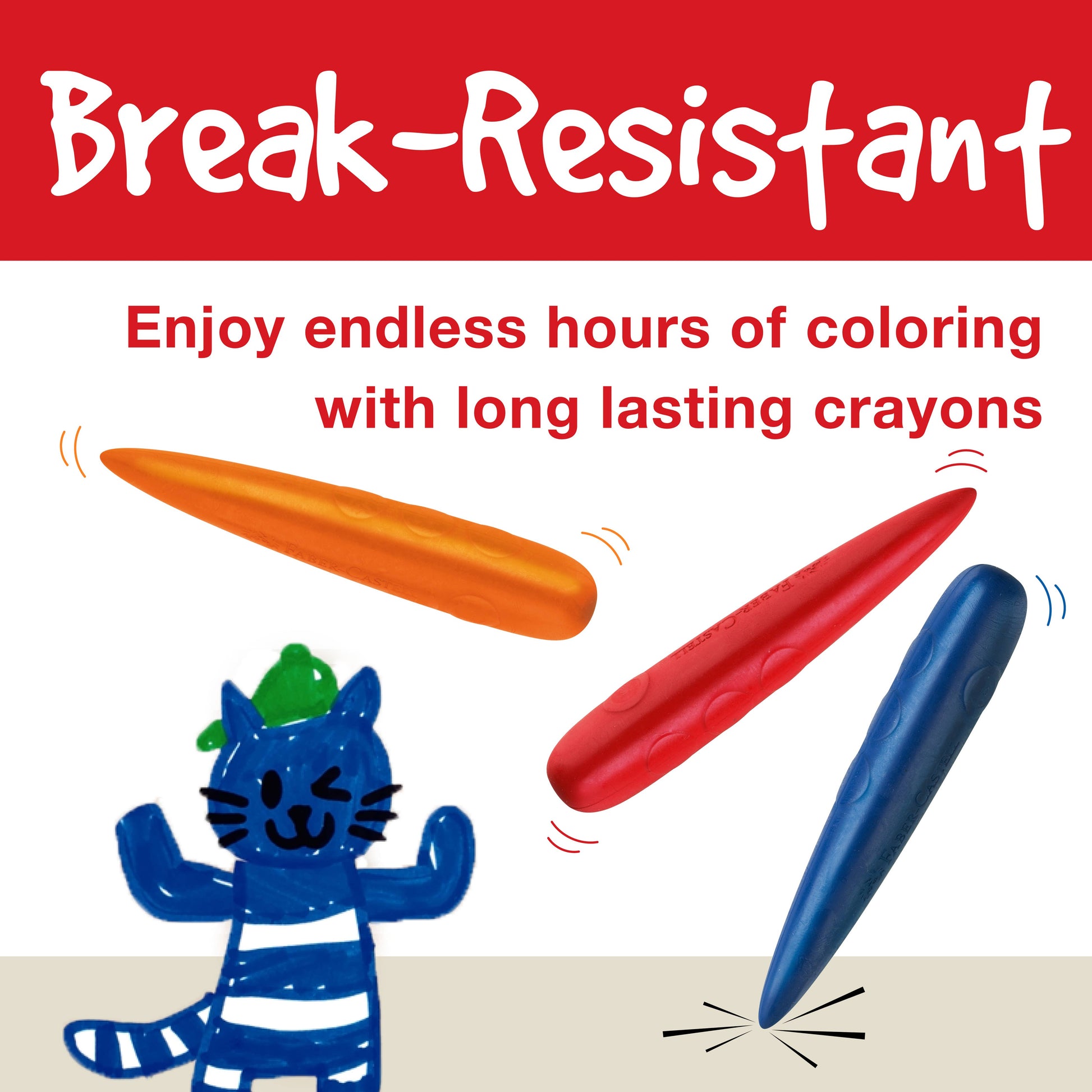 Advertisement for break-resistant crayons with cartoon cat and colorful crayons on a red and beige background.