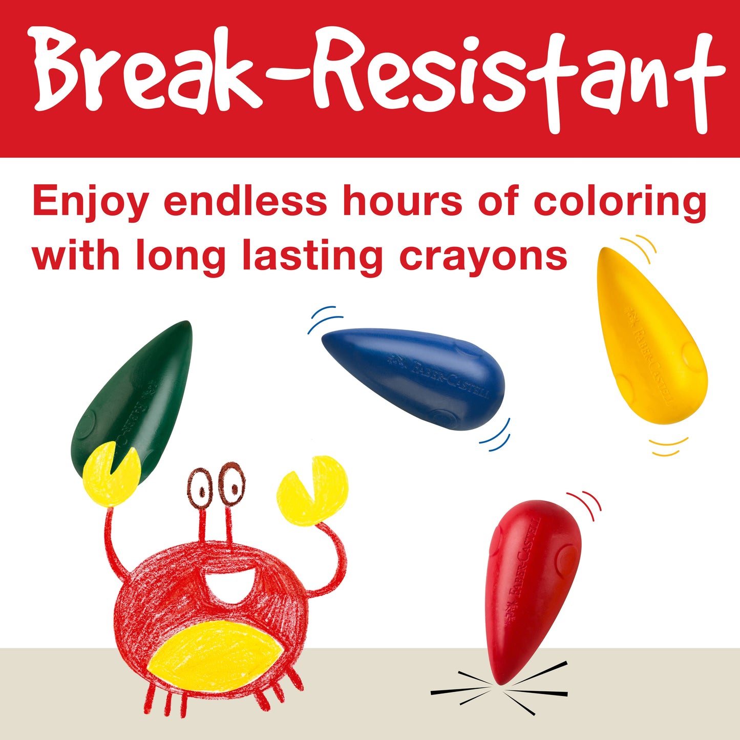 Advertisement for break-resistant crayons with colorful crayon tips and a cartoon crab.